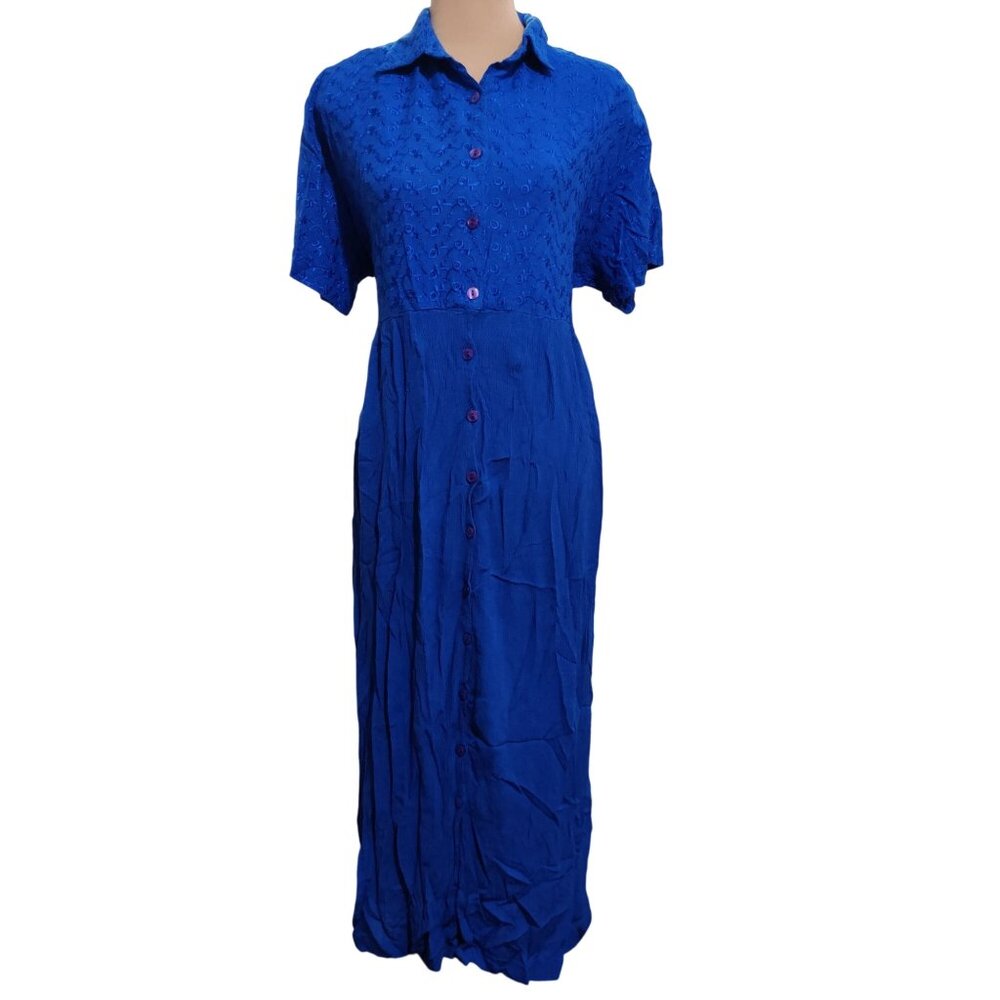 Vintage 220 Hickory Womens Dress Maxi Floral Embroidery Short Sleeves Blue Sz XL